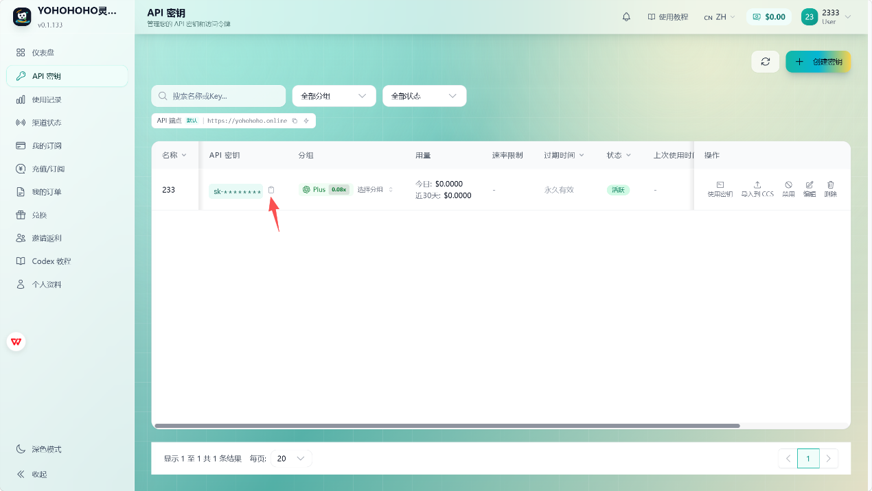 复制 API 密钥,示例截图已脱敏